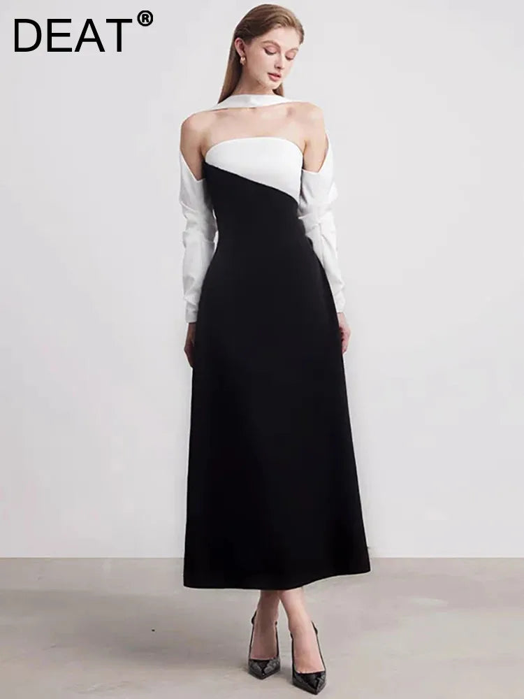 DEAT Elegant Dress Strapless Off Shoulder Contrast Color