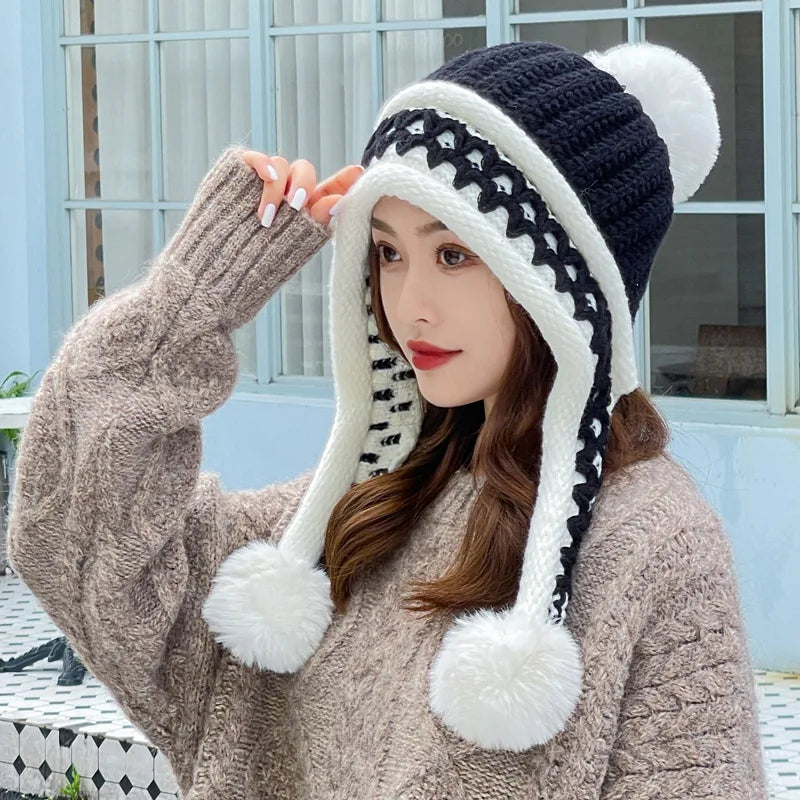 New Knitted Hat Thick Warm Earflap Hats Scarf