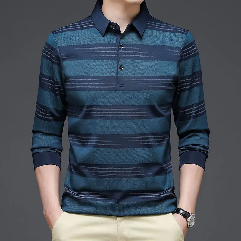 Spring Autumn Men Striped Long Sleeve Polo Shirts