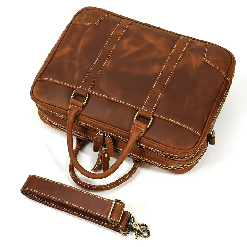 Men Leather Briefcase Bag 14" Computer Laptop s Thick Cow Skin Business Vintage Style Male Daily Working Totes