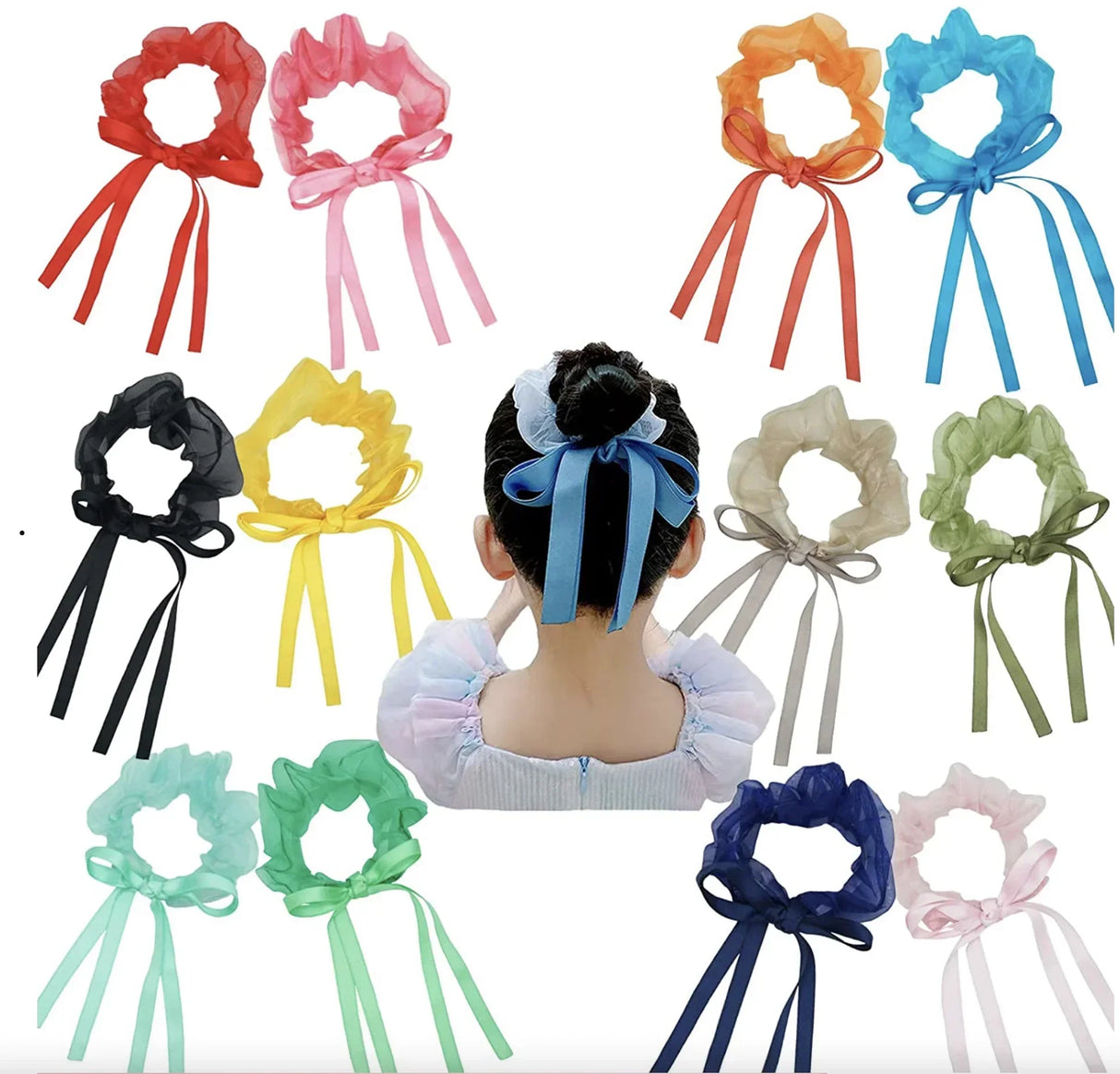 12Pcs Fairy Organza Hair Scrunchies with Ribbon Hair