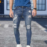 White Embroidery Jeans Men Cotton Stretchy Ripped Skinny