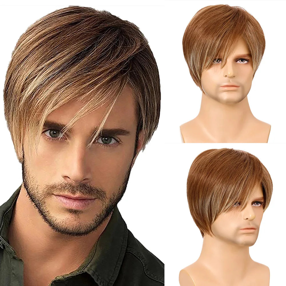 Brown Curly Wig for Men Short Synthetic Hair