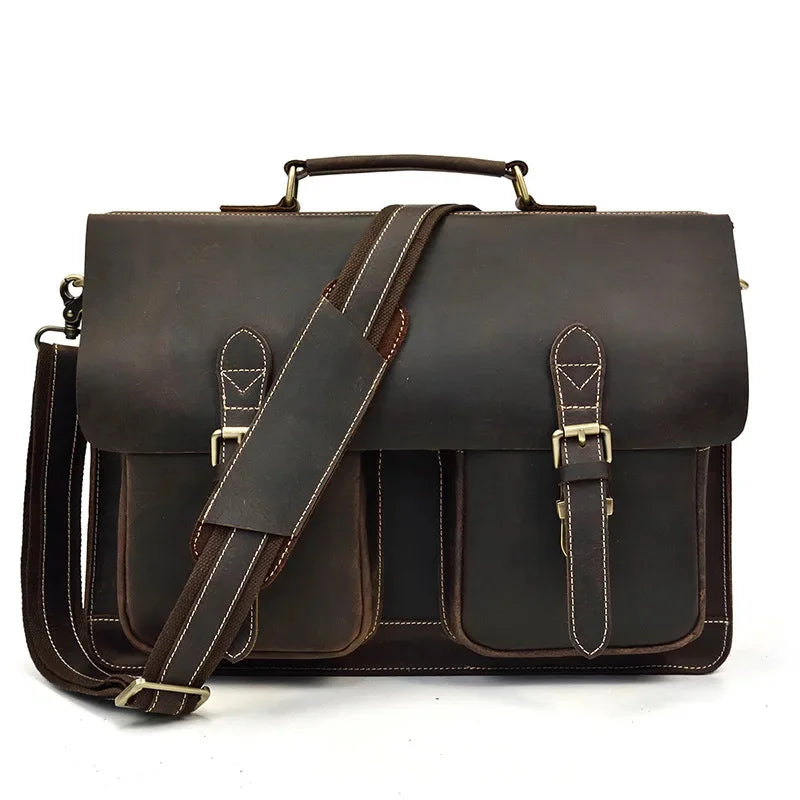 15.6" Genuine Leather Laptop Bag for Men - Cowhide Briefcase & Messenger Tote