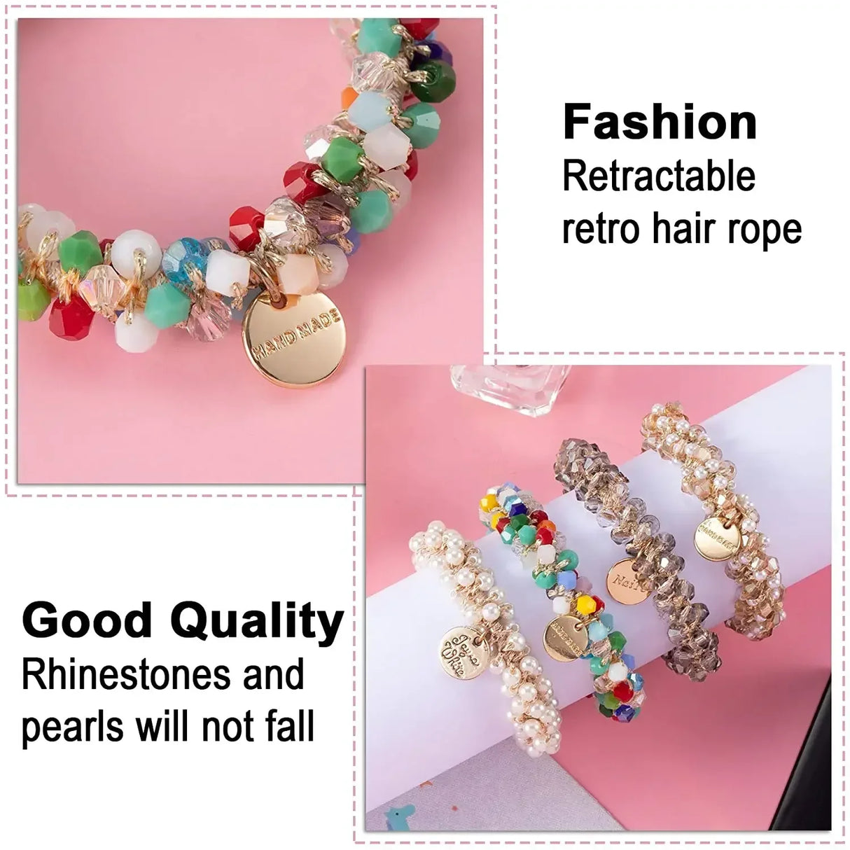 1pc Women Crystal Pearls Hair Rope Handmade Elastic