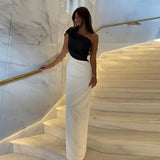 Aleeshuo Elegant One Shoulder Black white Prom Dresses