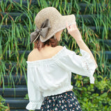 Bow Decor Straw Sun Hat Wide Brim Foldable