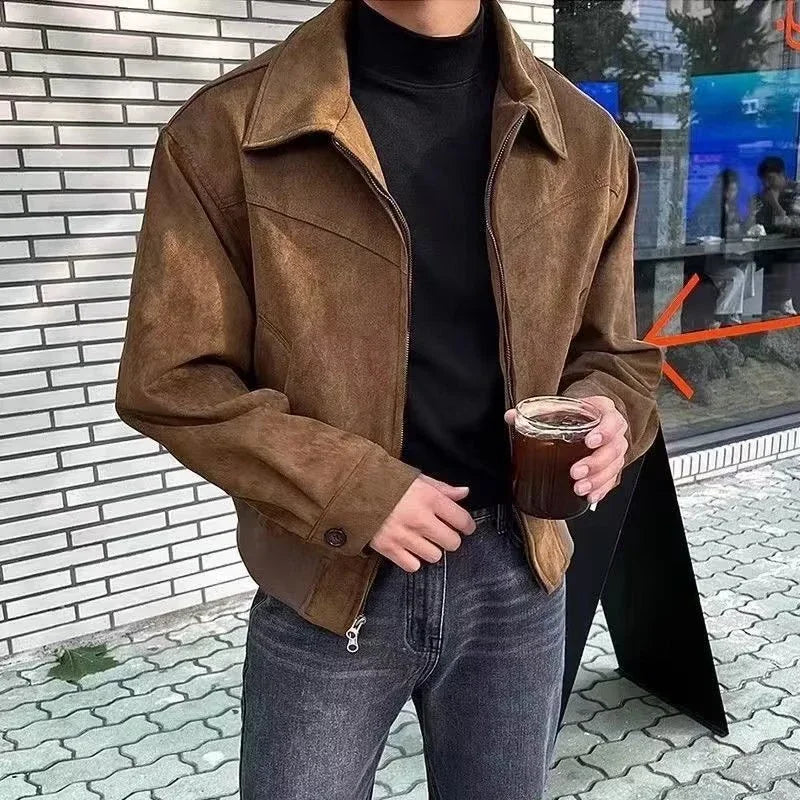 Elegant Solid Brown Coat Men's Spring Autumn High-end
