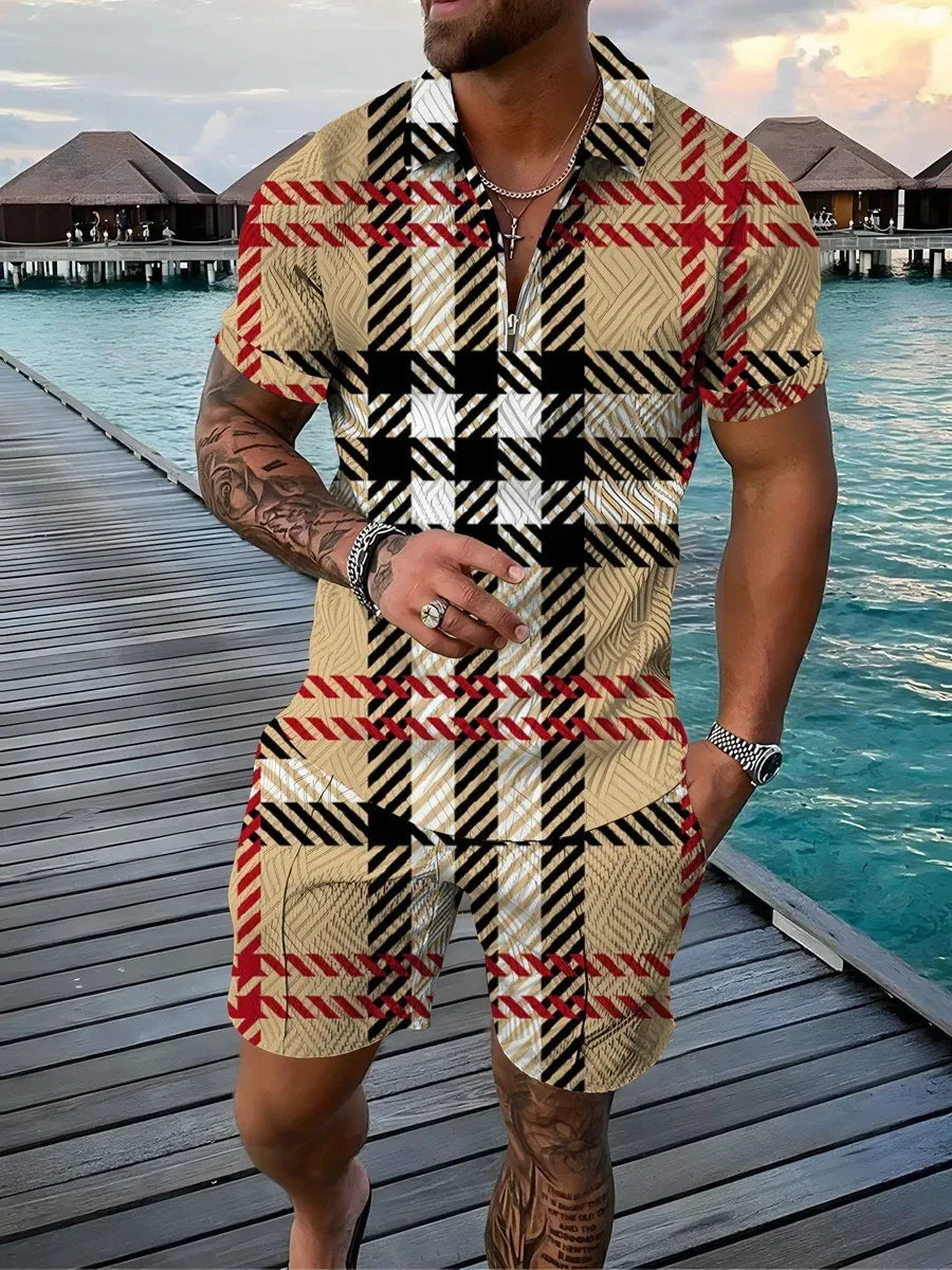 Vintage 3D Print Men Polo shirts 2pcs Set
