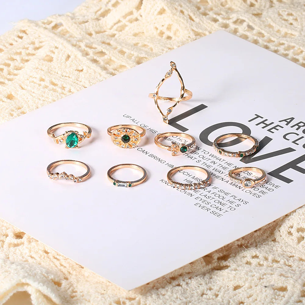 Fashion Green Crystal Knuckle Finger Rings Set For