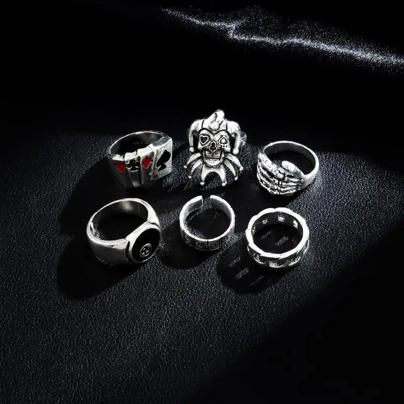 6Pcs Punk Poker Joker Silver Color Rings Set