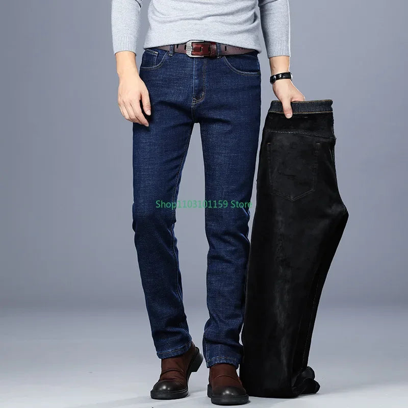 Winter Men's Jeans High Quality Thickened Warm Black