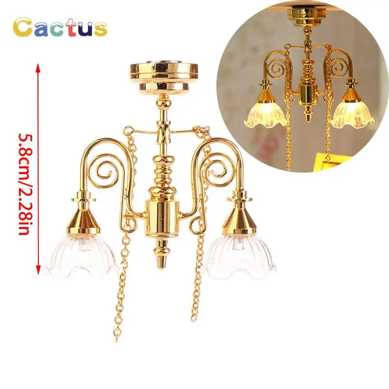 1:12 Dollhouse Miniature LED Ceiling Lamp Gold Chandelier