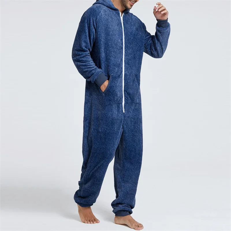 Men's Hooded Jumpsuit Pajamas Long Sleeve V Neck