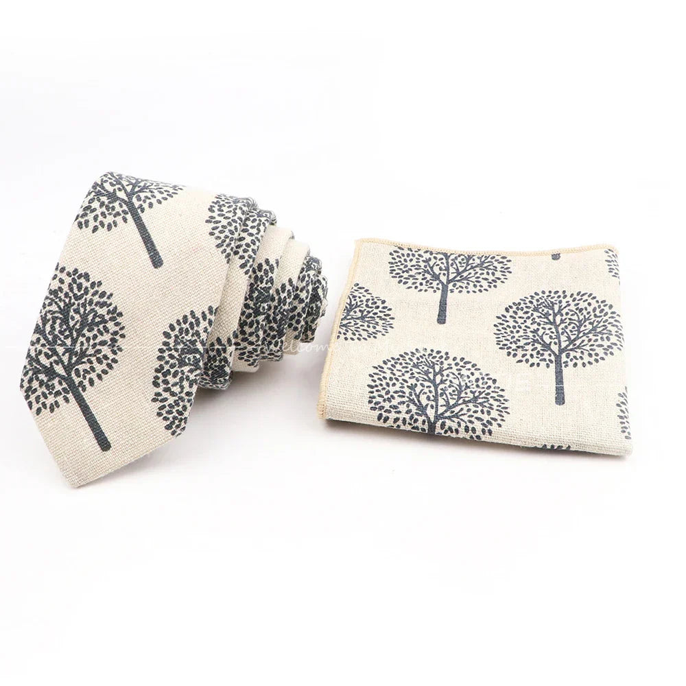 Men Linen Plant Ainmal Ties Set Pocket Handkerchief