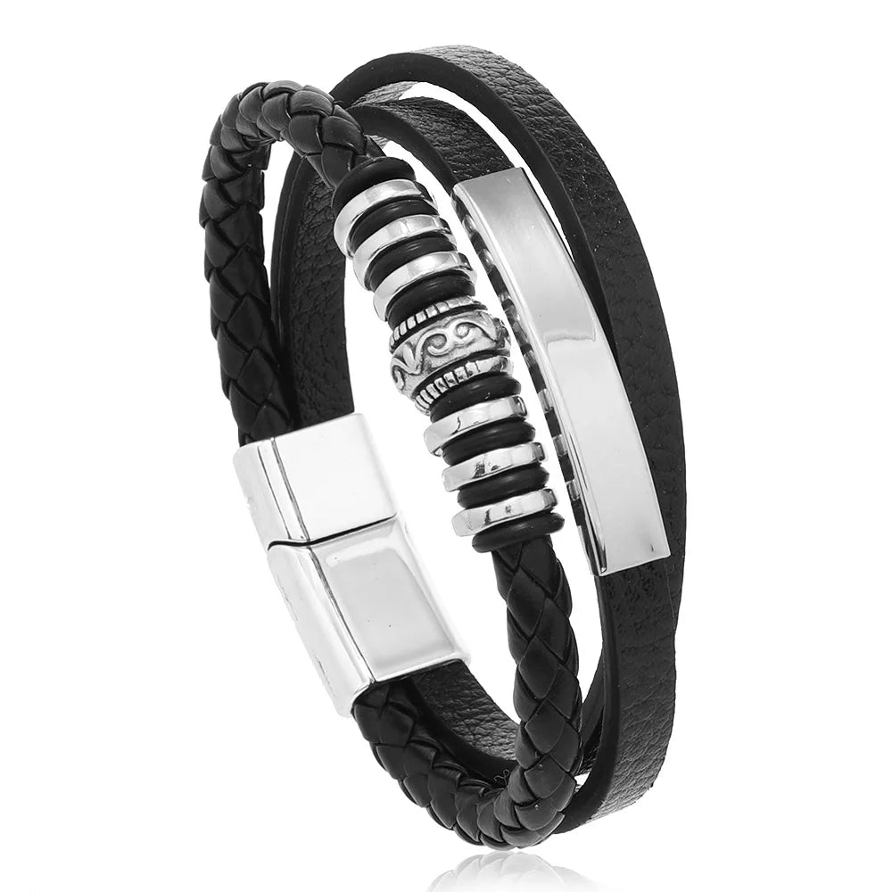 Trendy Leather Bracelets Men Stainless Steel Multilayer Braided