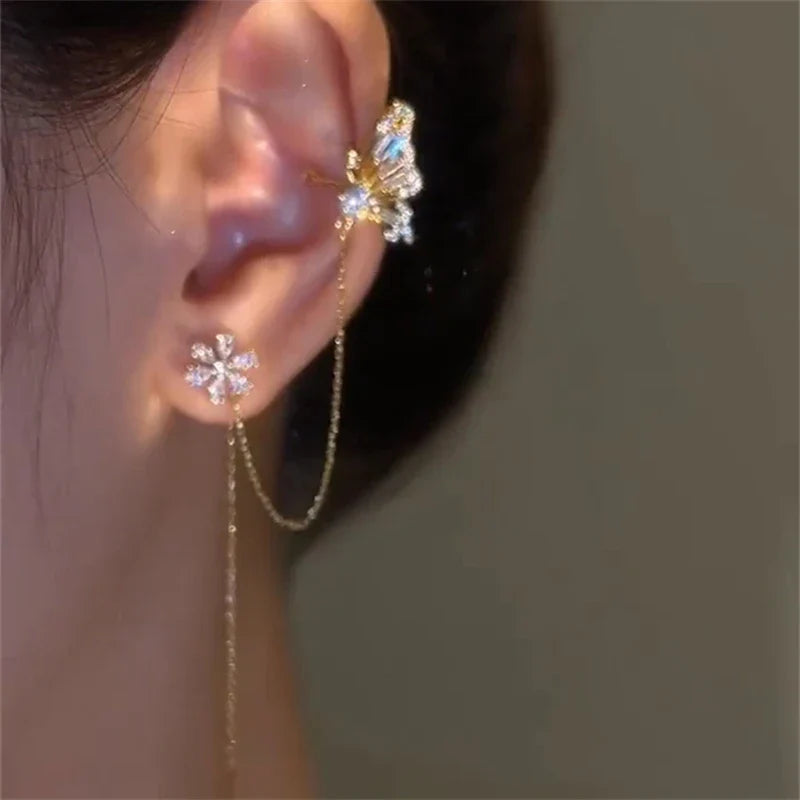 Fashion Sparkling Long Tassel Crystal Stars Ear Clip