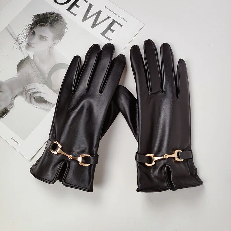 Fashion Chain Women' PU Leather Gloves Winter Warm