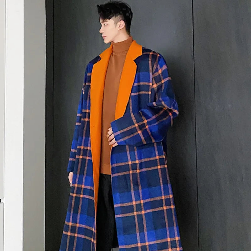 IEFB Casual Loose Men's Woolen Coat Plaid Lapel