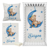 LVYZIHO Custom Name Sleeping Bear Blue Crib Bedding