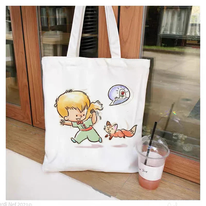 Fashion Trend Cartoon Print Canvas Tote Bag Korea Shopping Bag Ladies Daily Versatile Shoulder Bag Little Prince Pattern Handbag