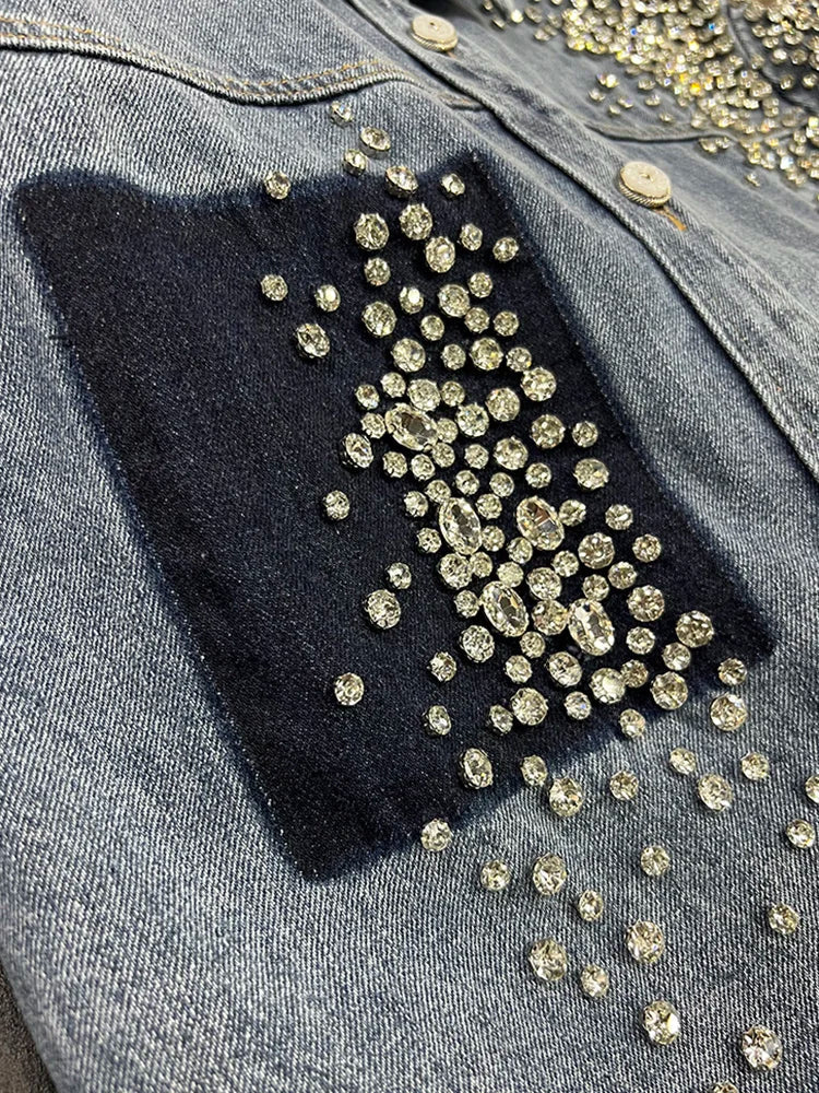 IEQJ Diamonds Patchwork Denim Jackets For Women Lapel