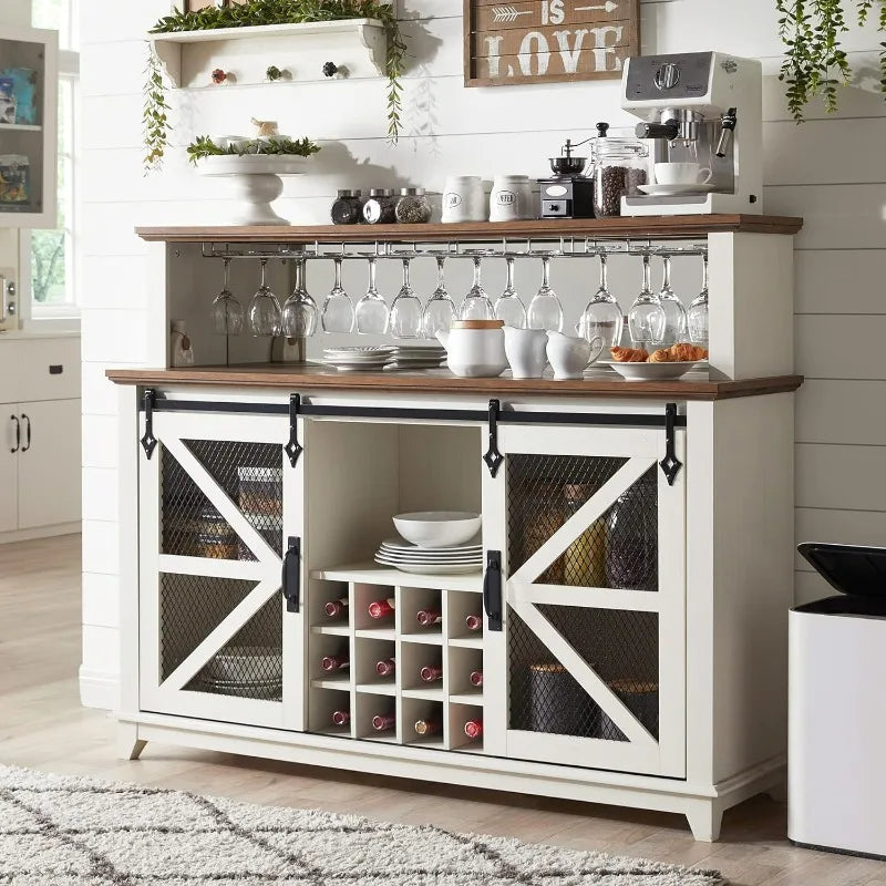 OKD Farmhouse Coffee Bar Cabinet with LED Lights,