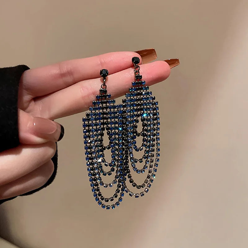 Long Retro Blue Flower Feather Tassel Dangle Earrings