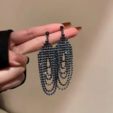 Long Retro Blue Flower Feather Tassel Dangle Earrings