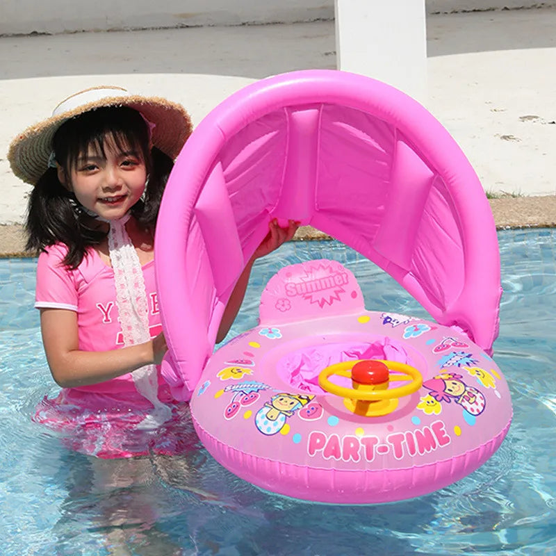 Cartoon Inflatable Baby Swim Ring Seat Floating Sunshade