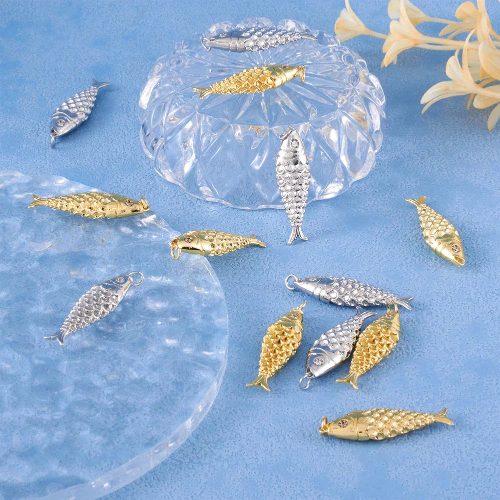 Pandahall 10Pcs Golden Fish Pendants Brass Cubic Zirconia