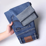 Fashion Mens Elastic Business Straight Jeans Blue Slim Casual Denim Pants Spring Summer Cotton Mens Denim Trousers Plus Size