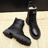 Black Leather Boot Ankle Booties Plush Warm Platform