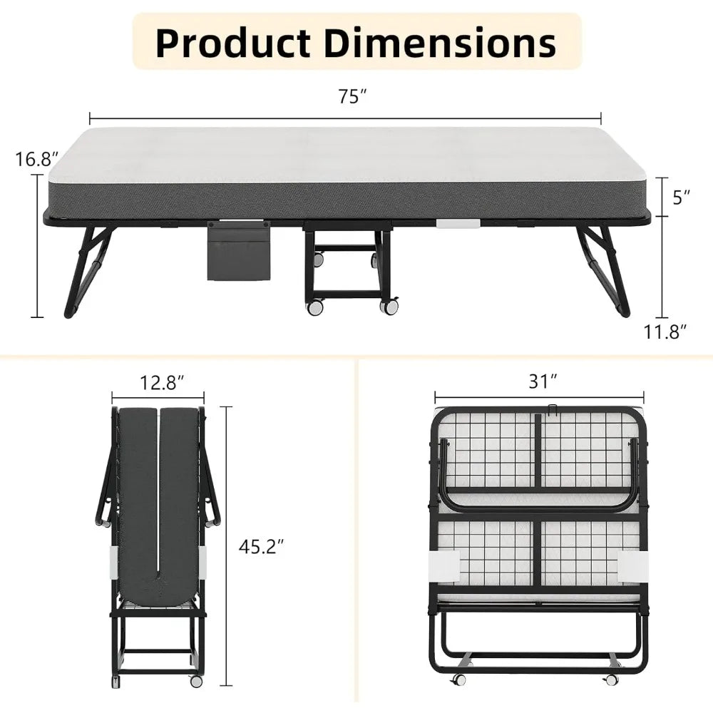 Folding Bed with Mattress - 75" x 31" Portable Day Bed with 5 inch Memory Foam Mattress and Fabric Storage Bag，Living Room