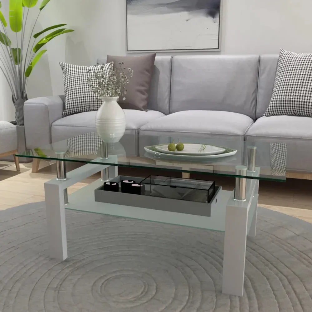 Rectangle Tempered Glass Coffee Table Metal Tube Legs