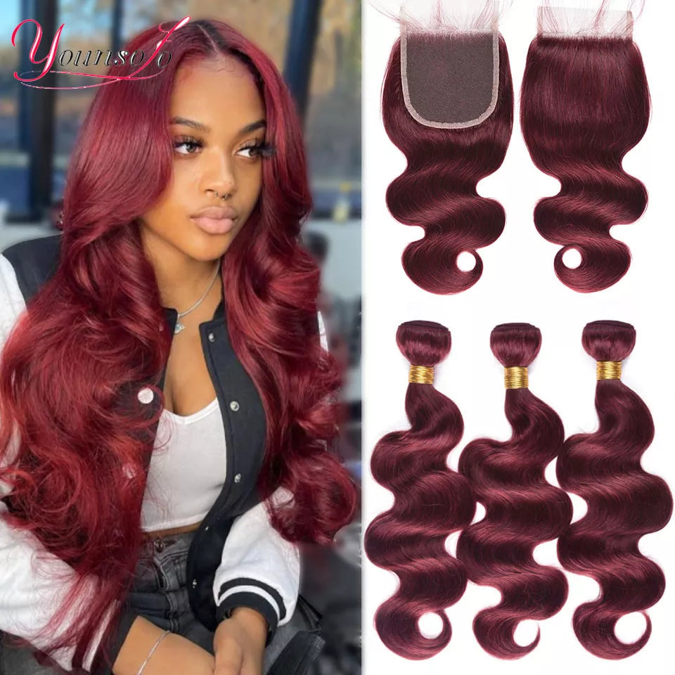 Burgundy Human Hair Bundles With Closure 99j Body