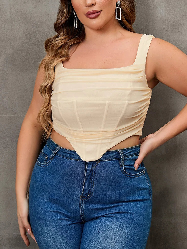 EYNMIN Plus Size Solid Sexy Mesh Cropped Tank