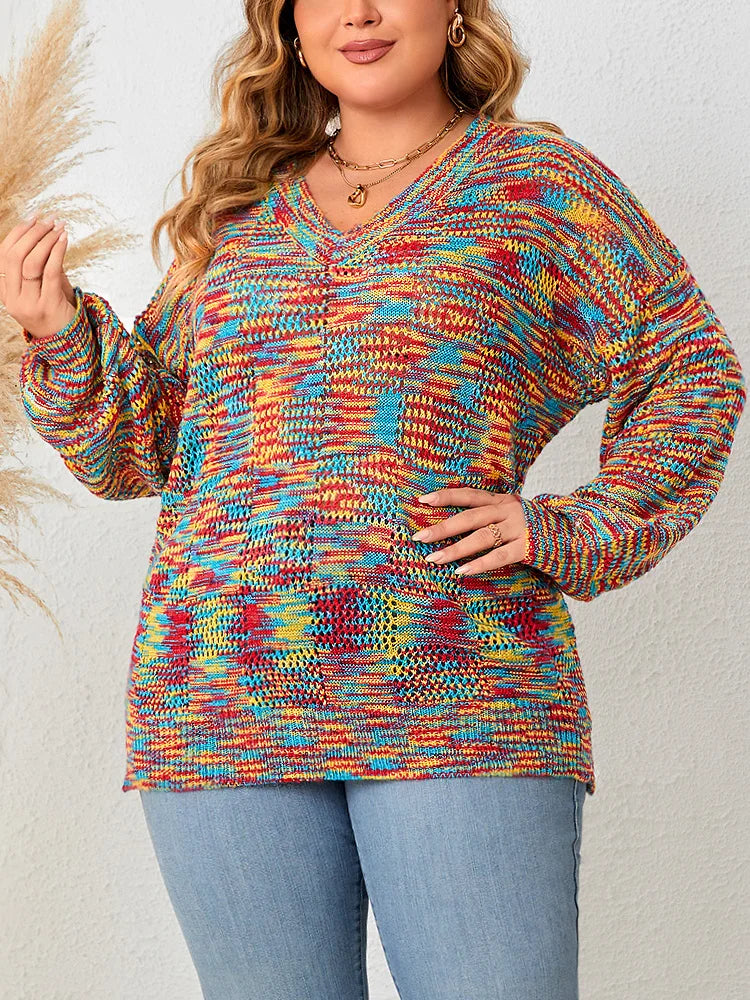 GIBSIE Plus Size Lantern Sleeve V Neck rainbow