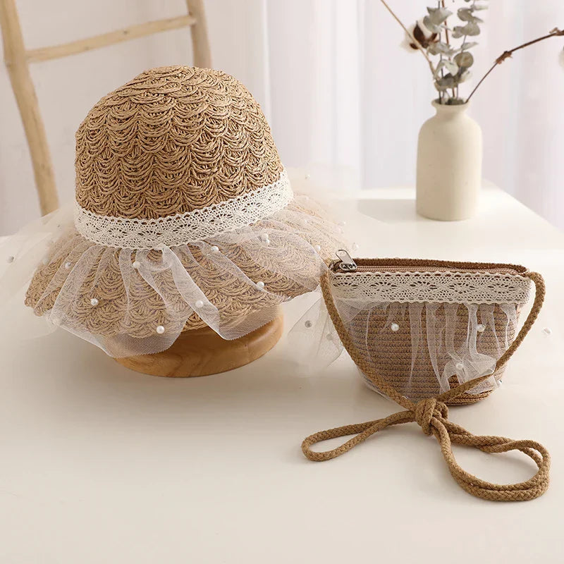 Kids Girls Straw Hat Handbag Set Wide Brim Lace Bow Sun Protection Cap  Summer Beach Bucket Cap Portable Handbag панама Gorras