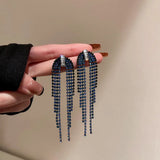 Long Retro Blue Flower Feather Tassel Dangle Earrings