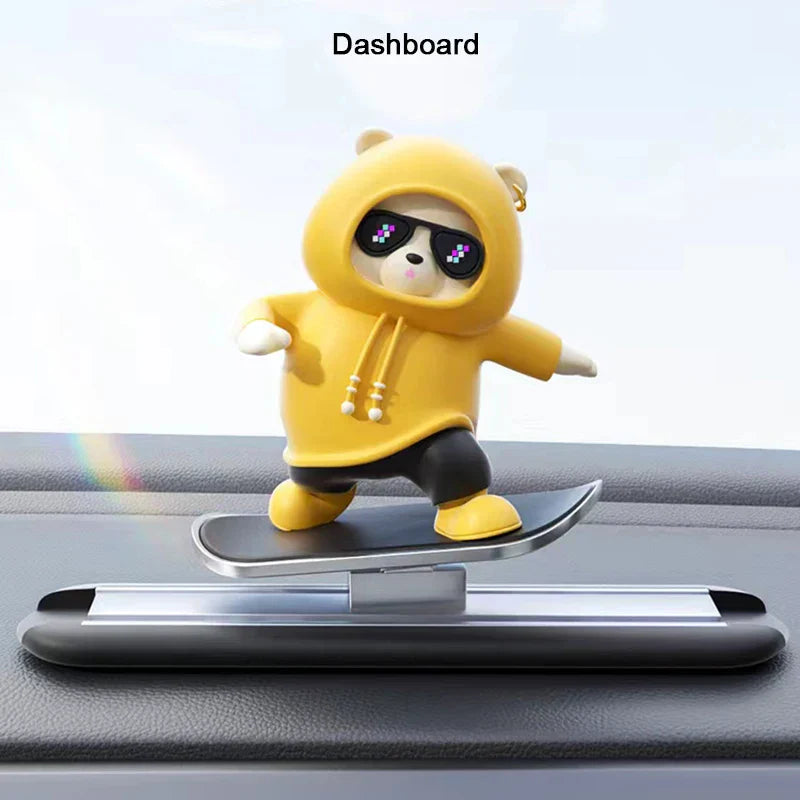 Creative Car Ornament Funny Cartoon skateboarding Bear Removable