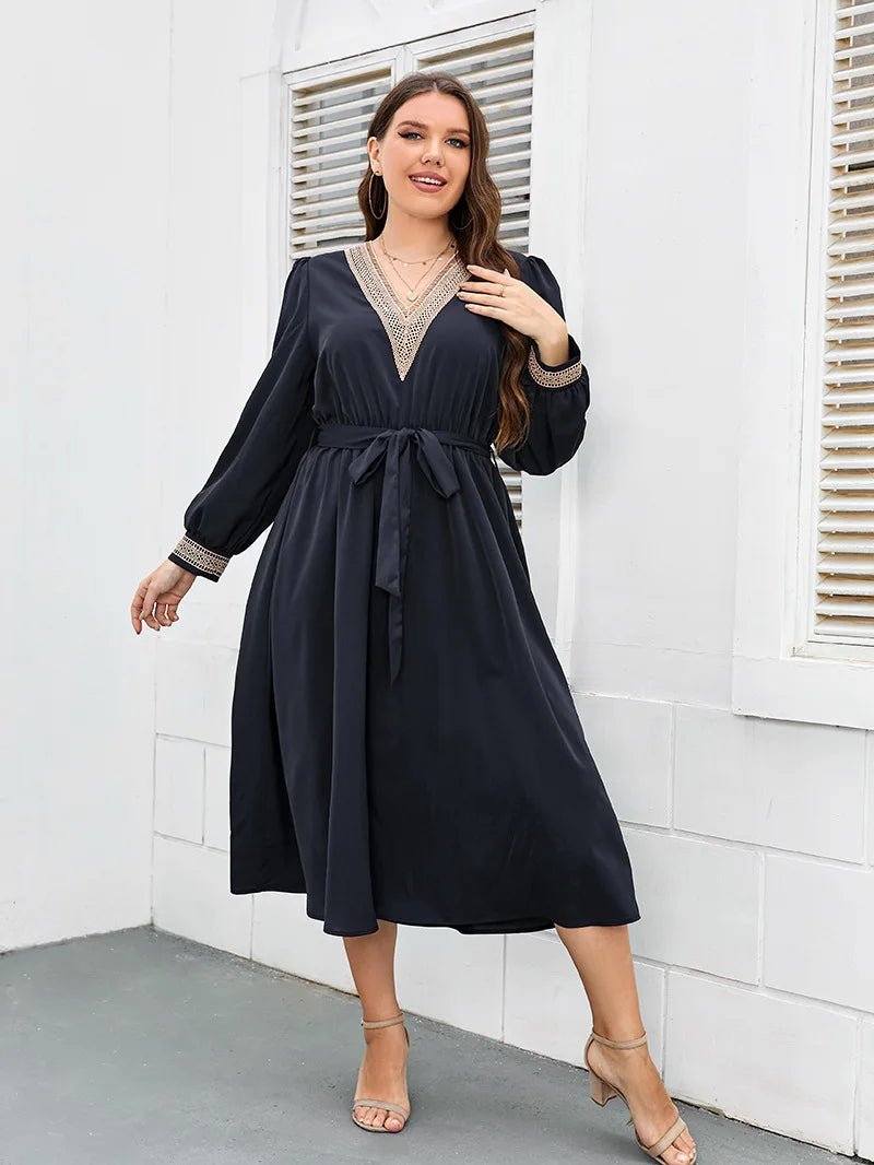 Plus Size Women Dress V Neck Long Sleeves