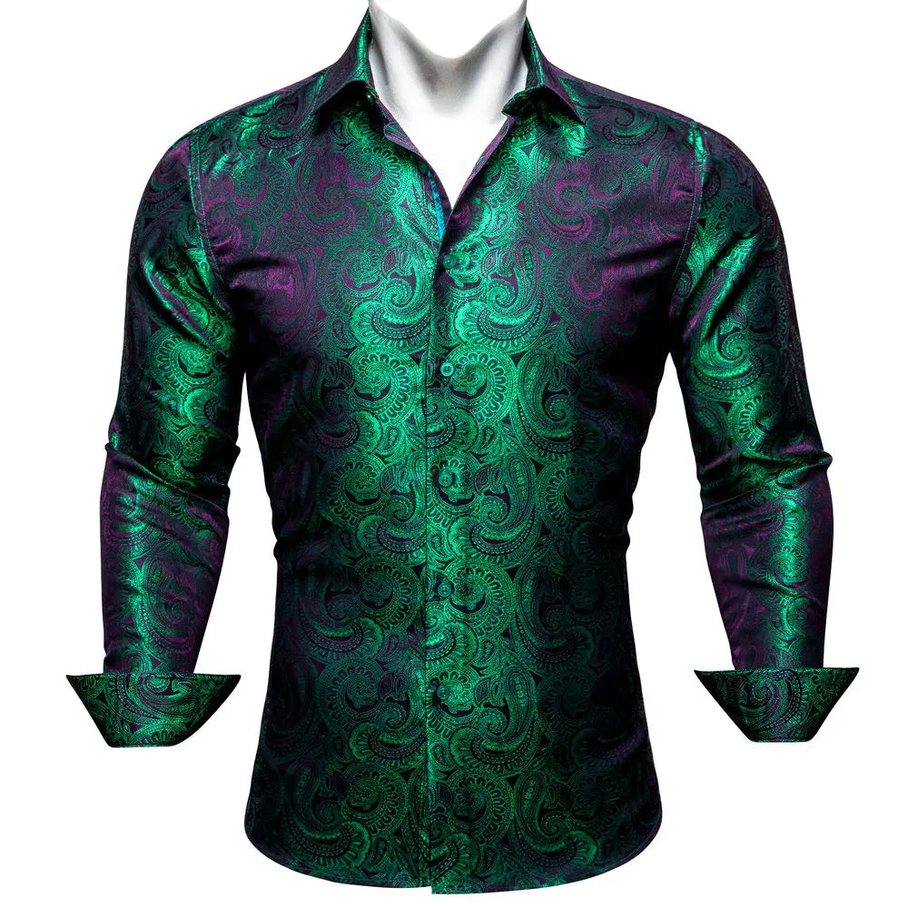 Luxury Silk Shirts for Men Green Paisley Long