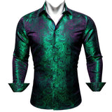 Luxury Silk Shirts for Men Green Paisley Long