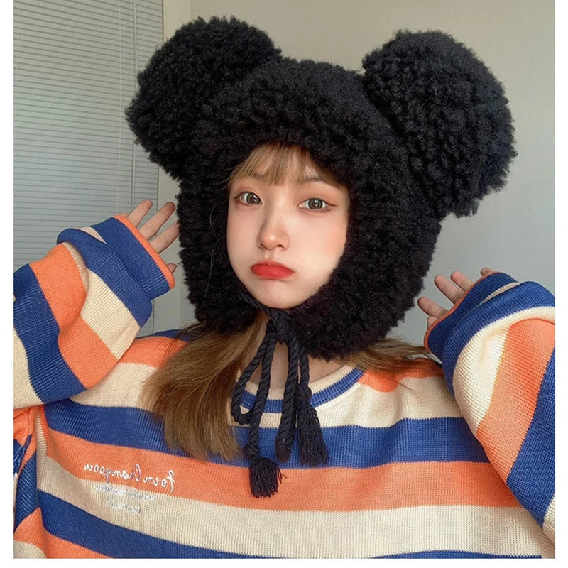 Autumn Winter Cute Pullover Earmuffs Warm Cap Bandage