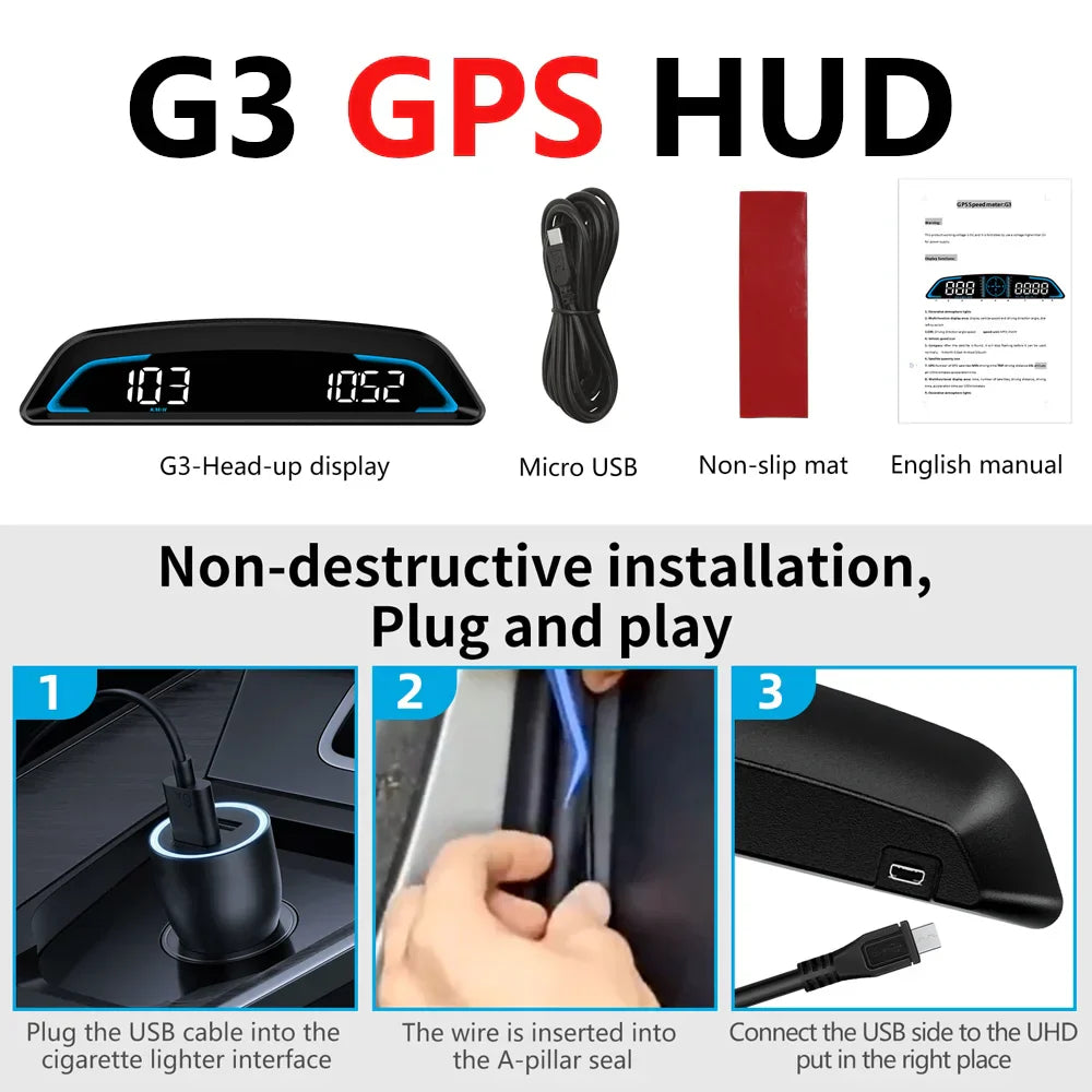 B3 G3 GPS/OBD Car HUD Display - Speedometer, RPM, Water Temp, Overspeed Alarm