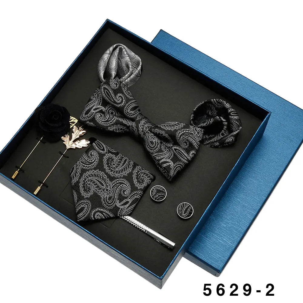 Black Mens Neck Tie Gift Set Bowtie Pocket