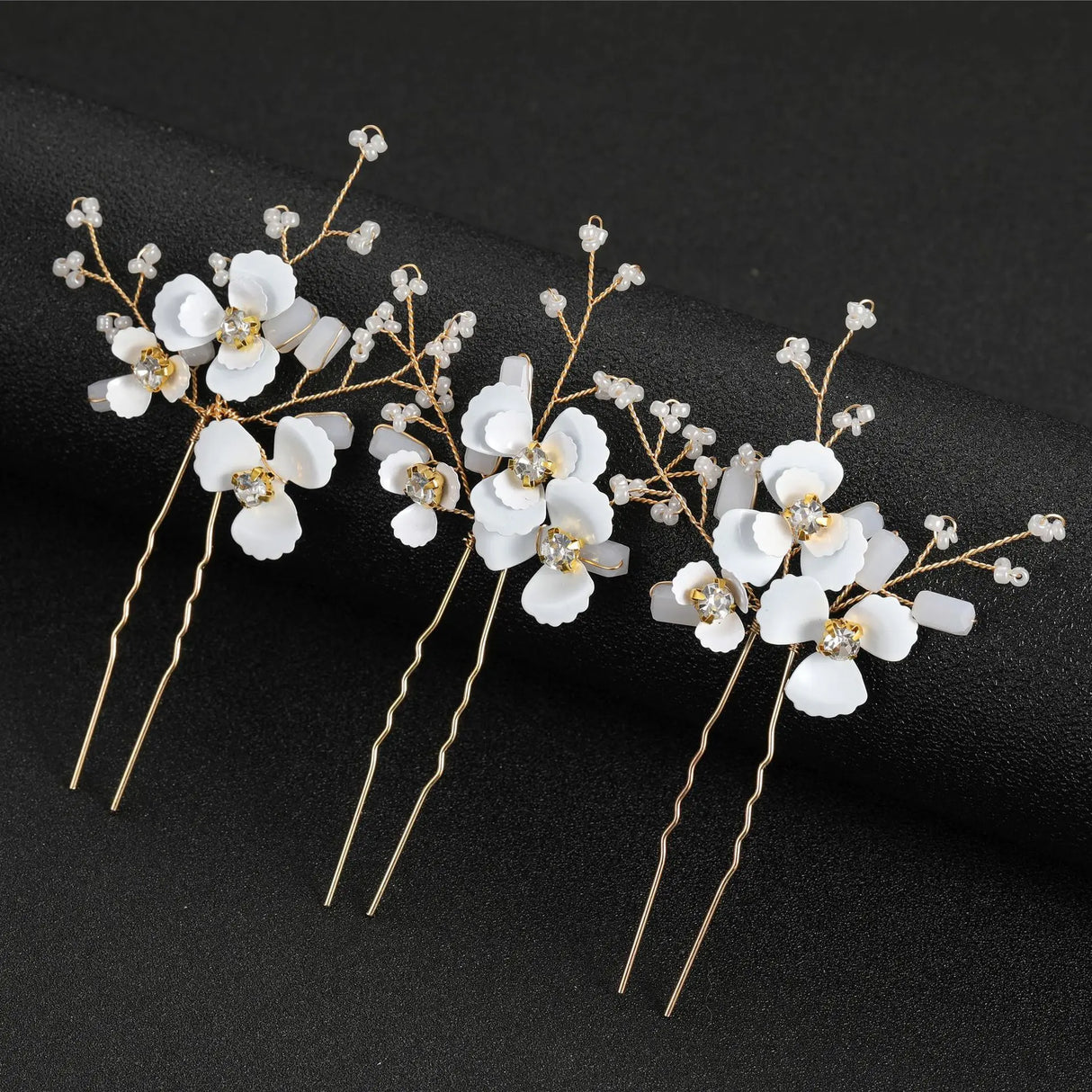 3pcs White Flower U Shaped Hairpin Pearl Elegant
