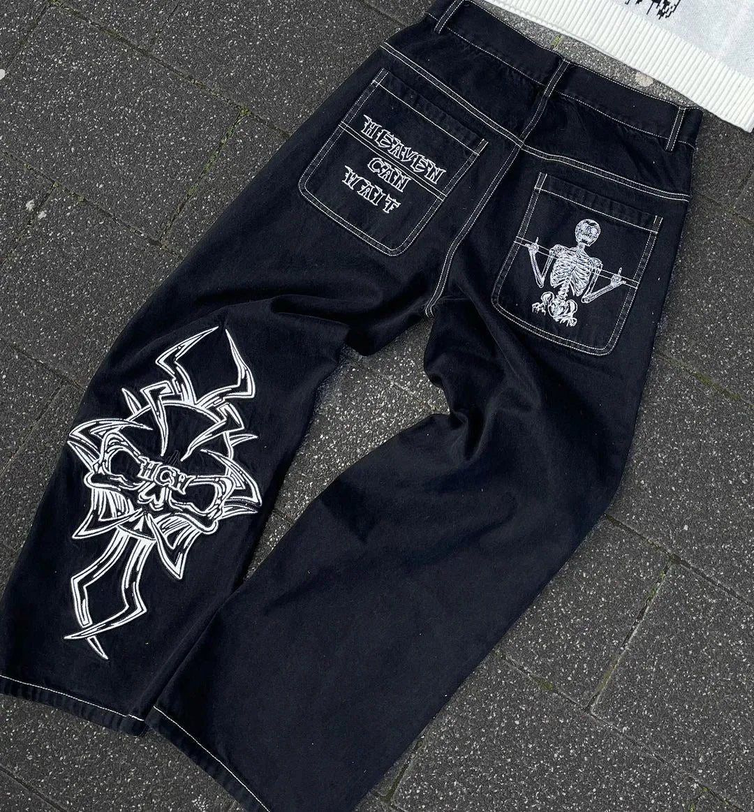 Y2K Jeans Mens Hip Hop Retro Skull Embroidery