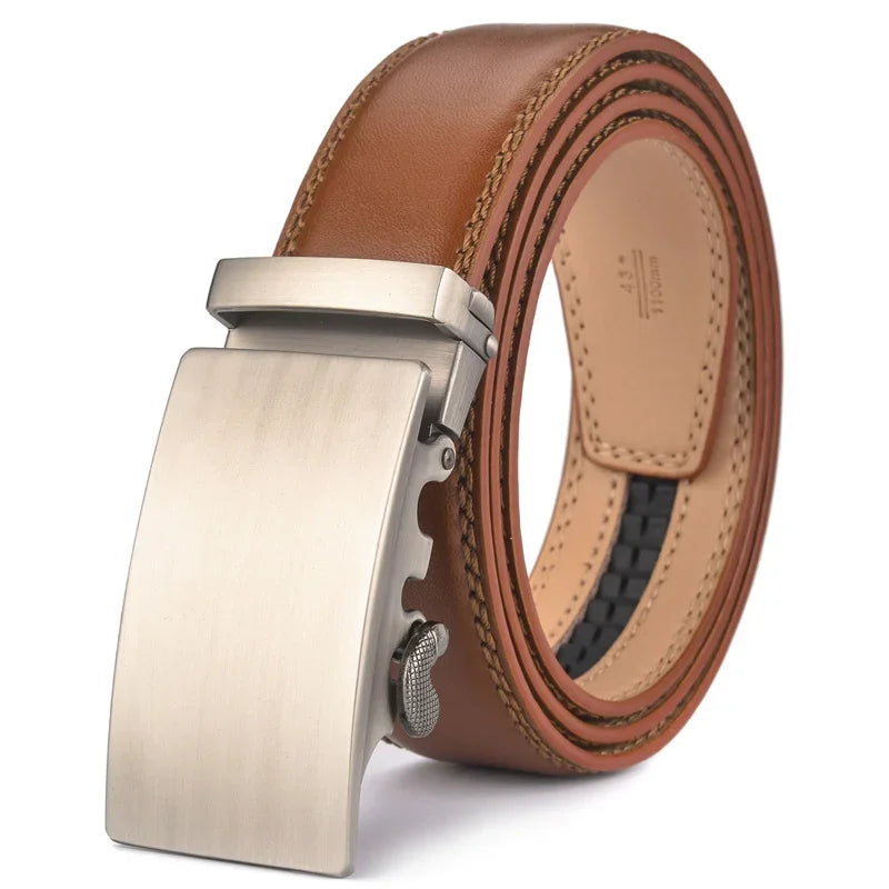 Plyesxale Brown Leather Belt Men 2024 Automatic Buckle